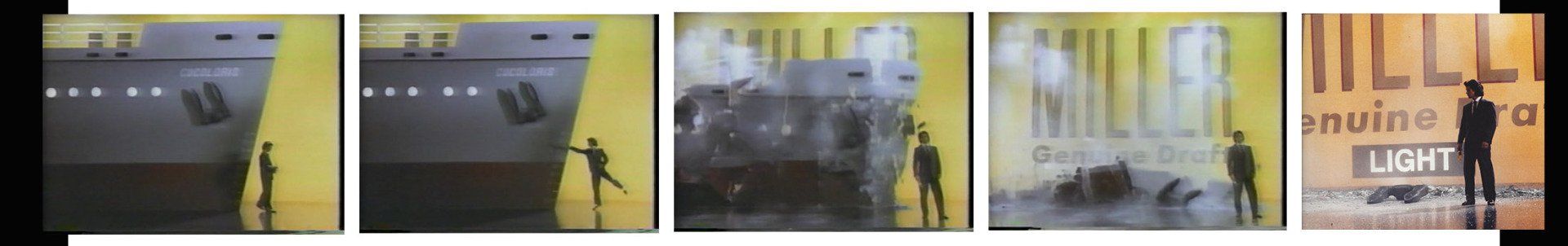 A sequence of frames showing a person standing near a large ship bow as it transforms into a Miller beer advertisement.