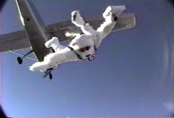 A person wearing a fuzzy white yeti costume skydiving away from a small airplane against a blue sky.