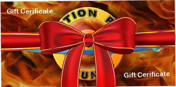 A gift certificate with a large red bow in the center, set against an orange, fiery background.
