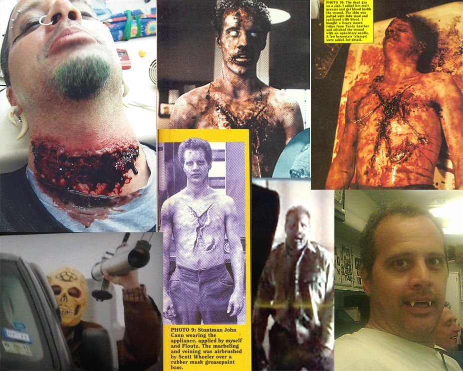 A collage of behind-the-scenes photos showing actors wearing gory prosthetic makeup and costumes for film horror effects.