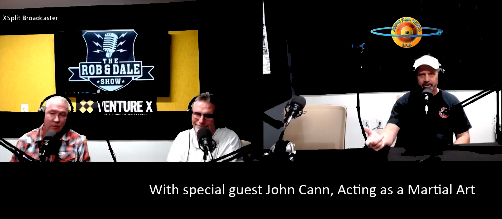 Three people in a podcast studio setting with microphones; text at the bottom identifies guest John Cann.