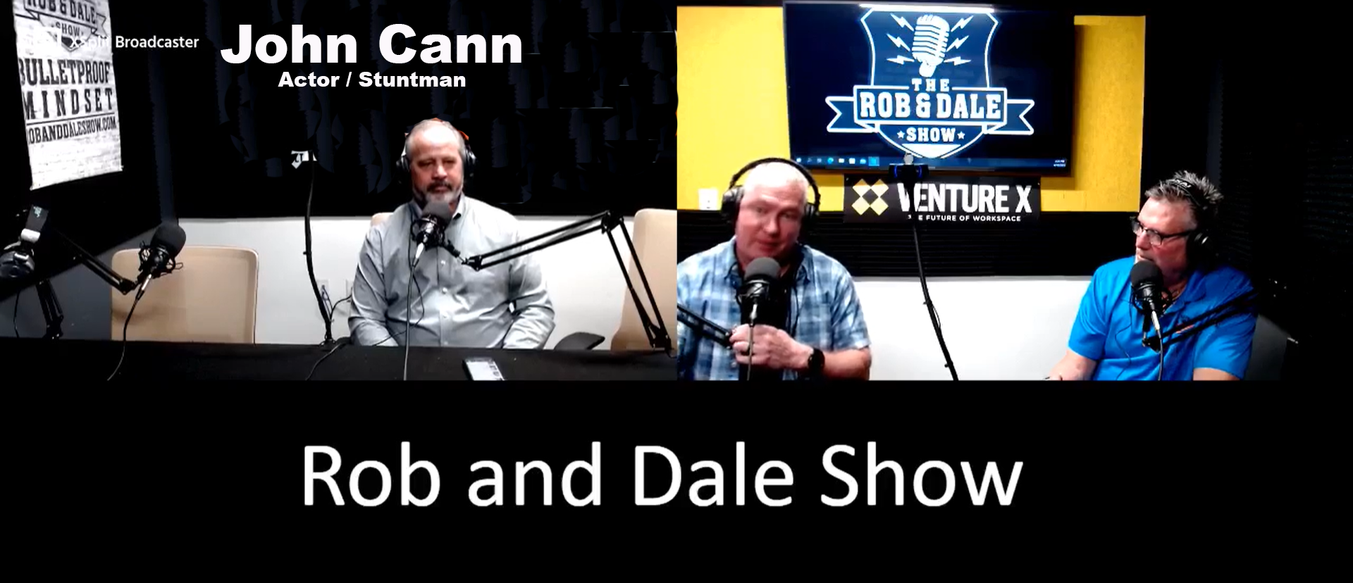 A split-screen shot of three men in a podcast studio with microphones. 