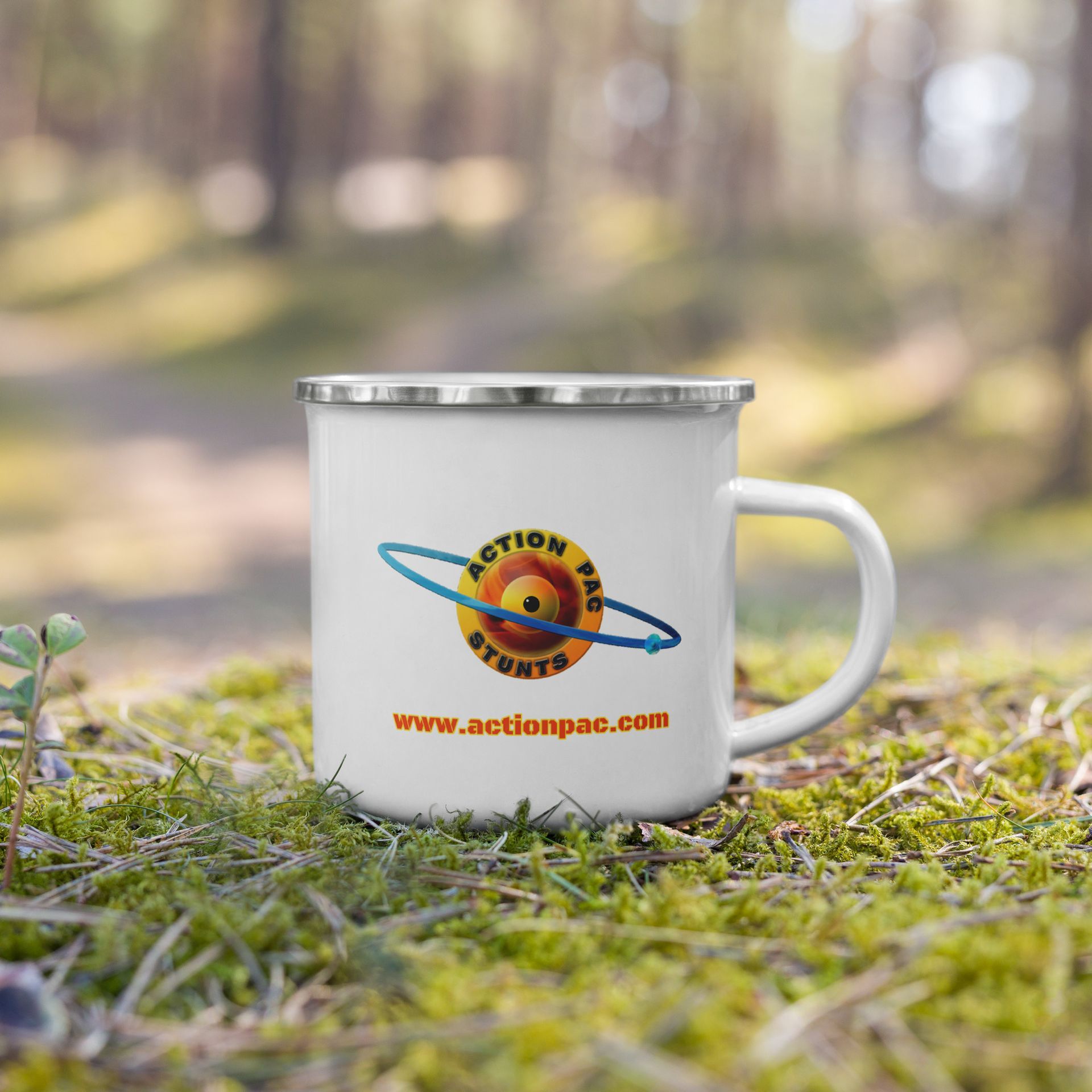A white enamel mug with the 