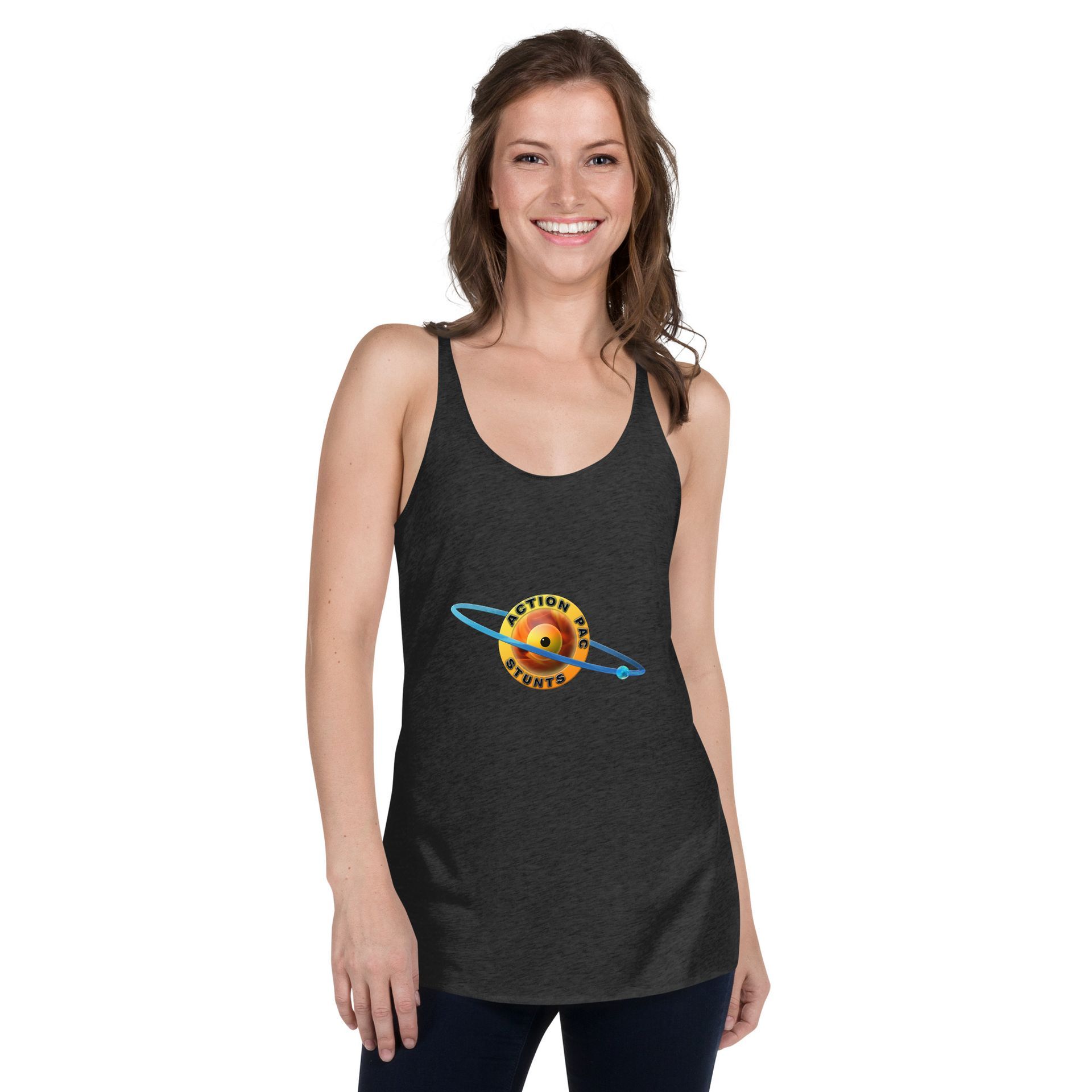 A smiling person wearing a dark grey tank top featuring a graphic of a planet with a ring and text.