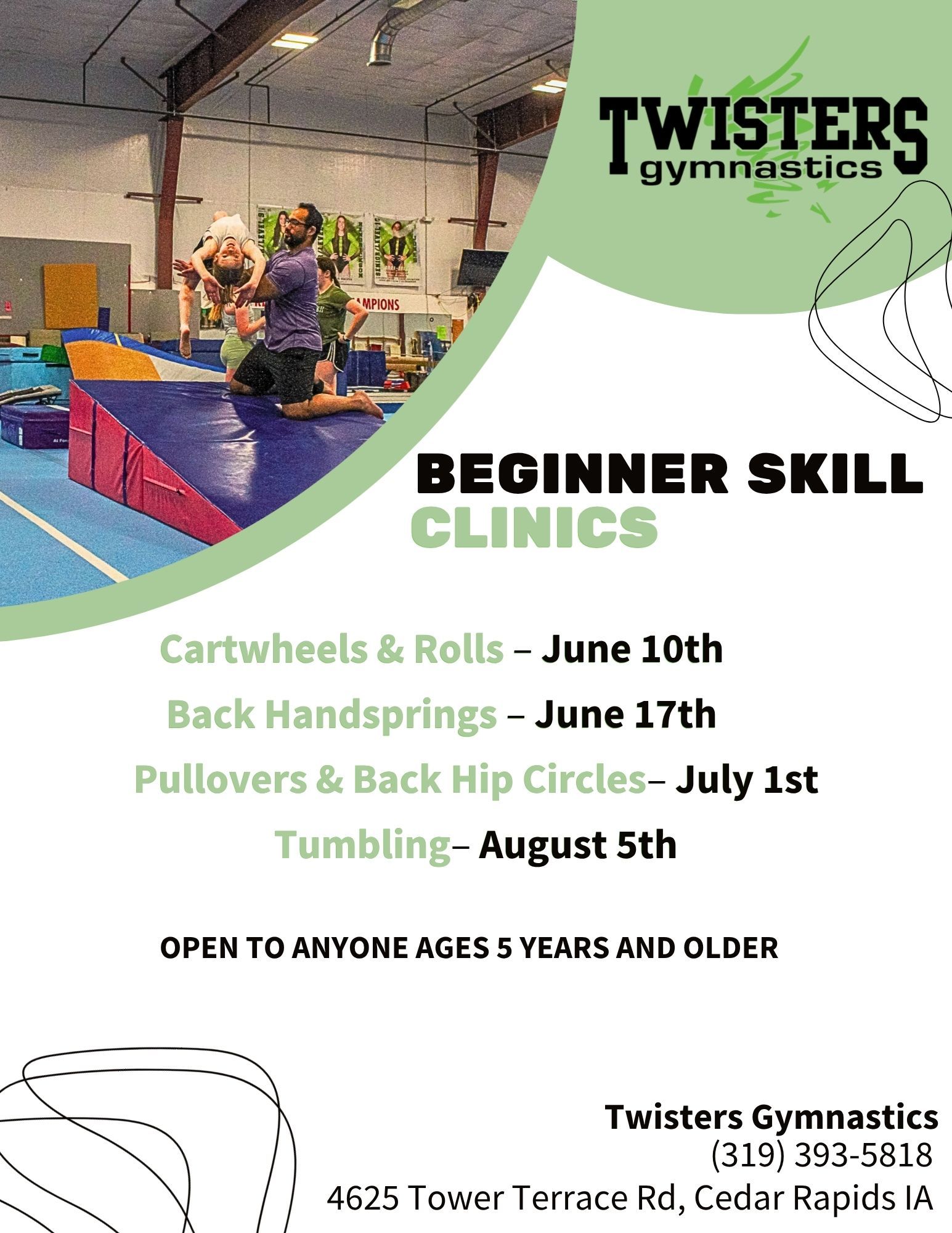 Twisters Gymnastics beginner skill clinics flyer with dates and youth tumbling classes on green and white background