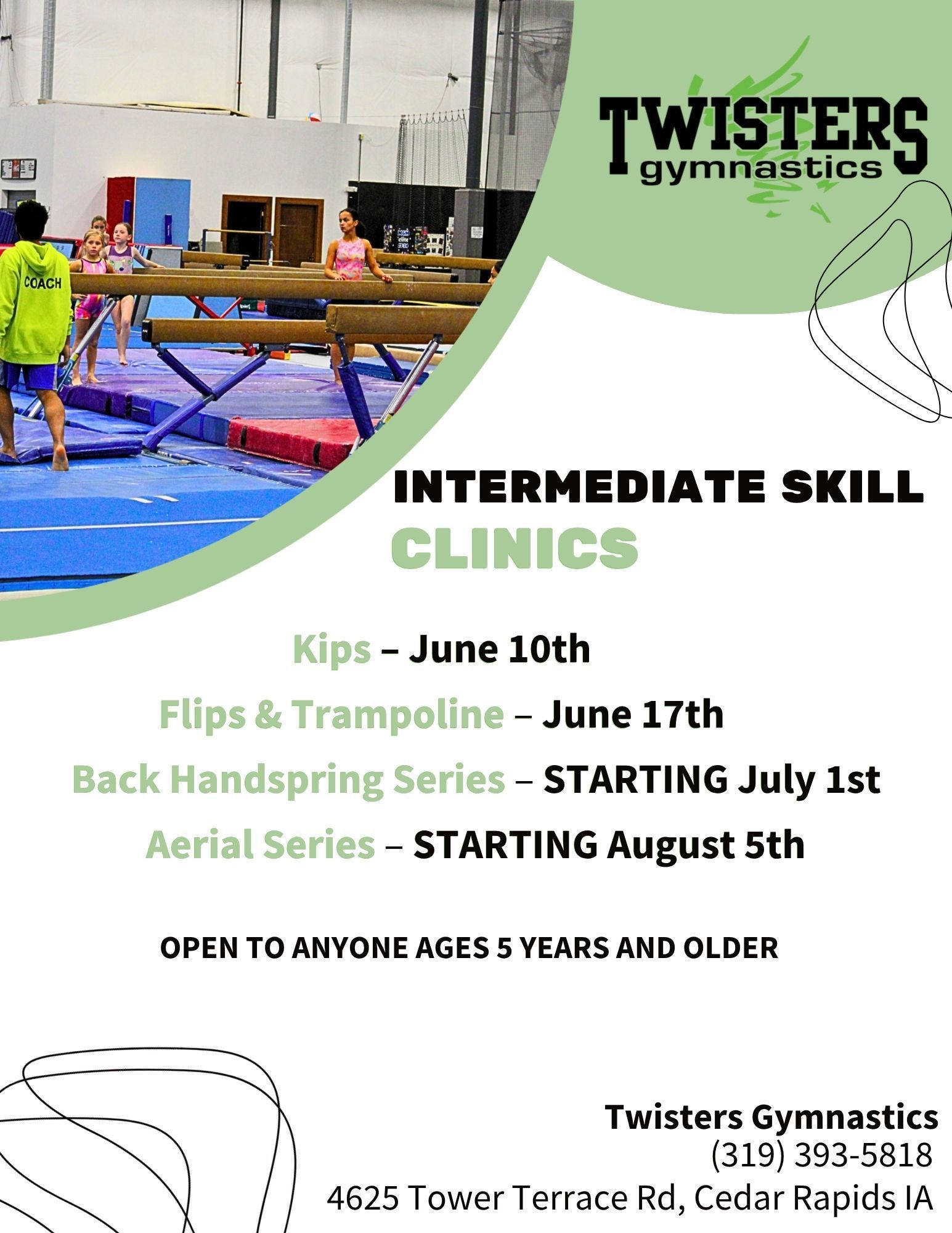 Twisters Gymnastics flyer for intermediate skill clinics, with dates and a gym training photo