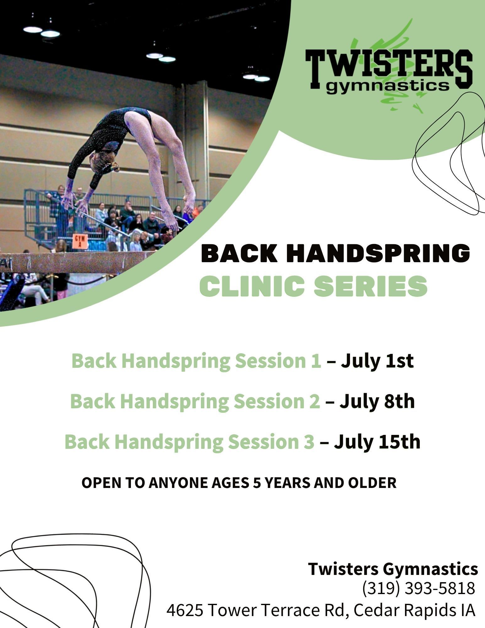 Twisters Gymnastics back handspring clinic flyer with event dates and an athlete performing a backbend