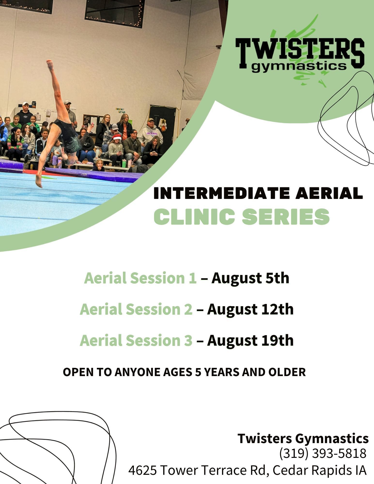 Twisters Gymnastics intermediate aerial clinic series flyer with session dates August 5, 12, and 19.