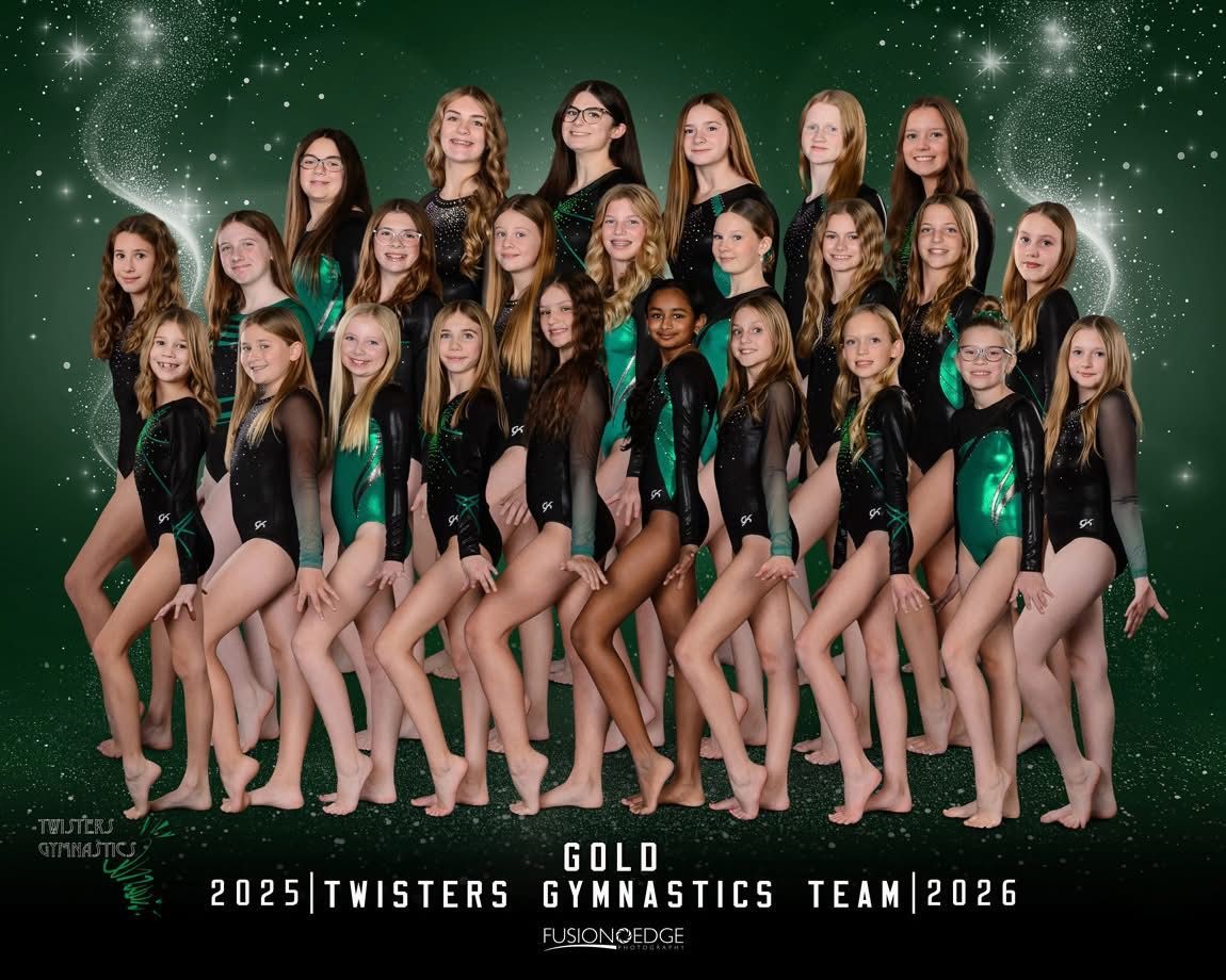 2025 Twisters Gold gymnastics team portrait in black and green leotards against a sparkly green backdrop