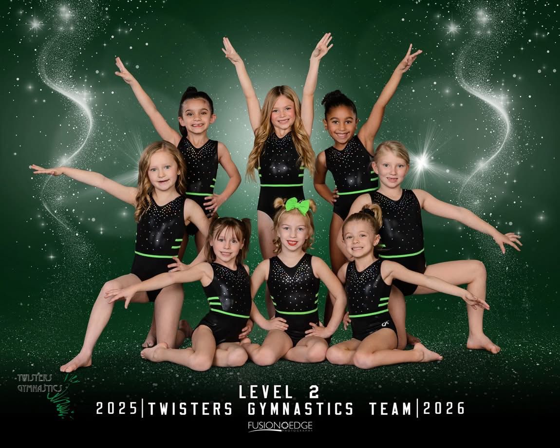 Youth gymnastics team in black-and-green leotards posing against a sparkly green background, with 2025–2026 text