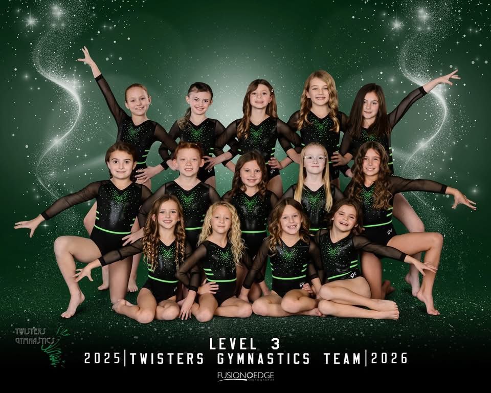 Level 3 Twisters gymnastics team portrait in black and green uniforms on a starry green background.
