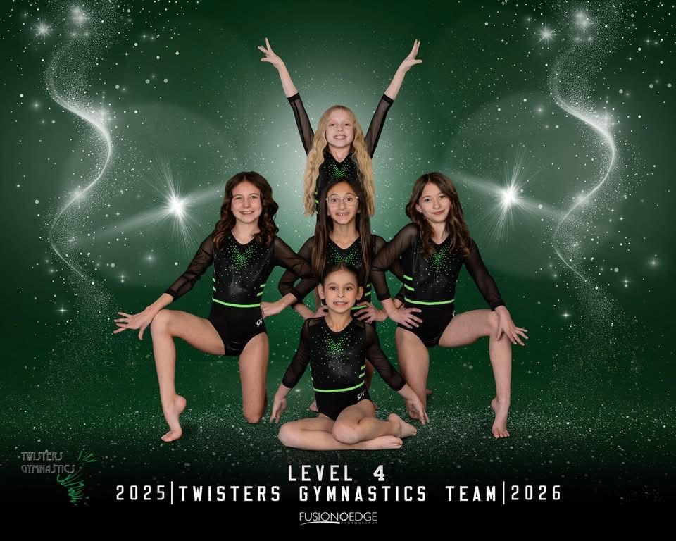 Five gymnasts in black and green poses, “Level 4 Twisters Gymnastics Team 2025,” on a sparkling green background