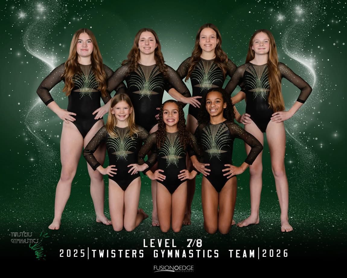 Seven gymnasts posing in black leotards against a green sparkly team backdrop with 2025–2026 text