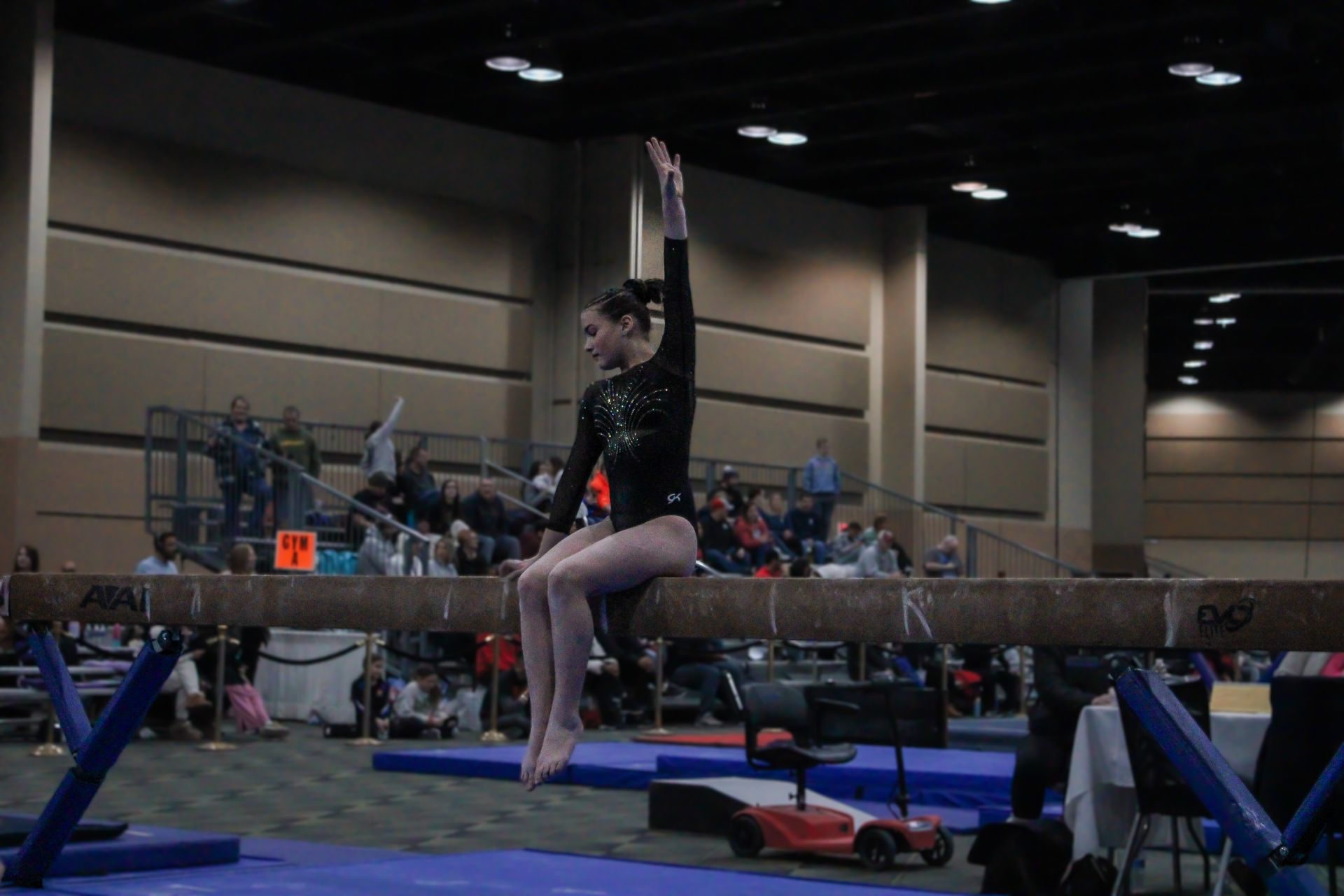 Gymnast on balance beam in a competition arena, posing with one arm raised.