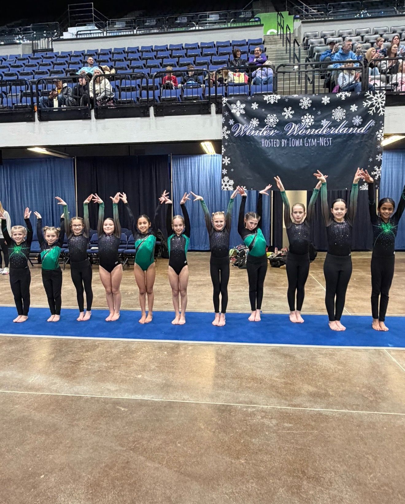 Gymnastics team posing on a blue mat with arms raised in an indoor arena, banner behind them.