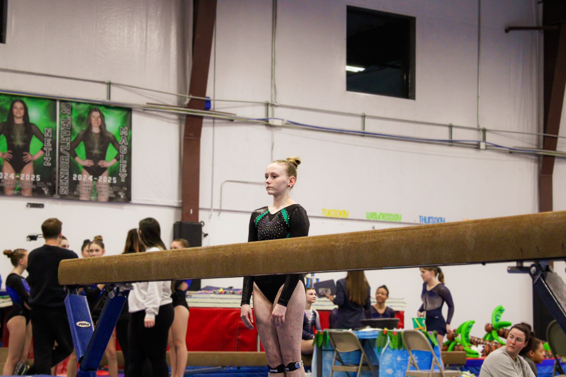 Gymnast standing on the balance beam in an indoor gym, with spectators and posters in the background
