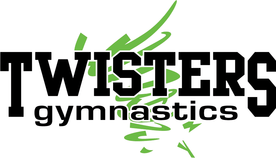 Twisters Gymnastics logo in black with green stylized gymnast and swirl accents