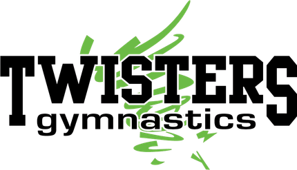 Twisters Gymnastics logo in black with green stylized gymnast and swirl accents