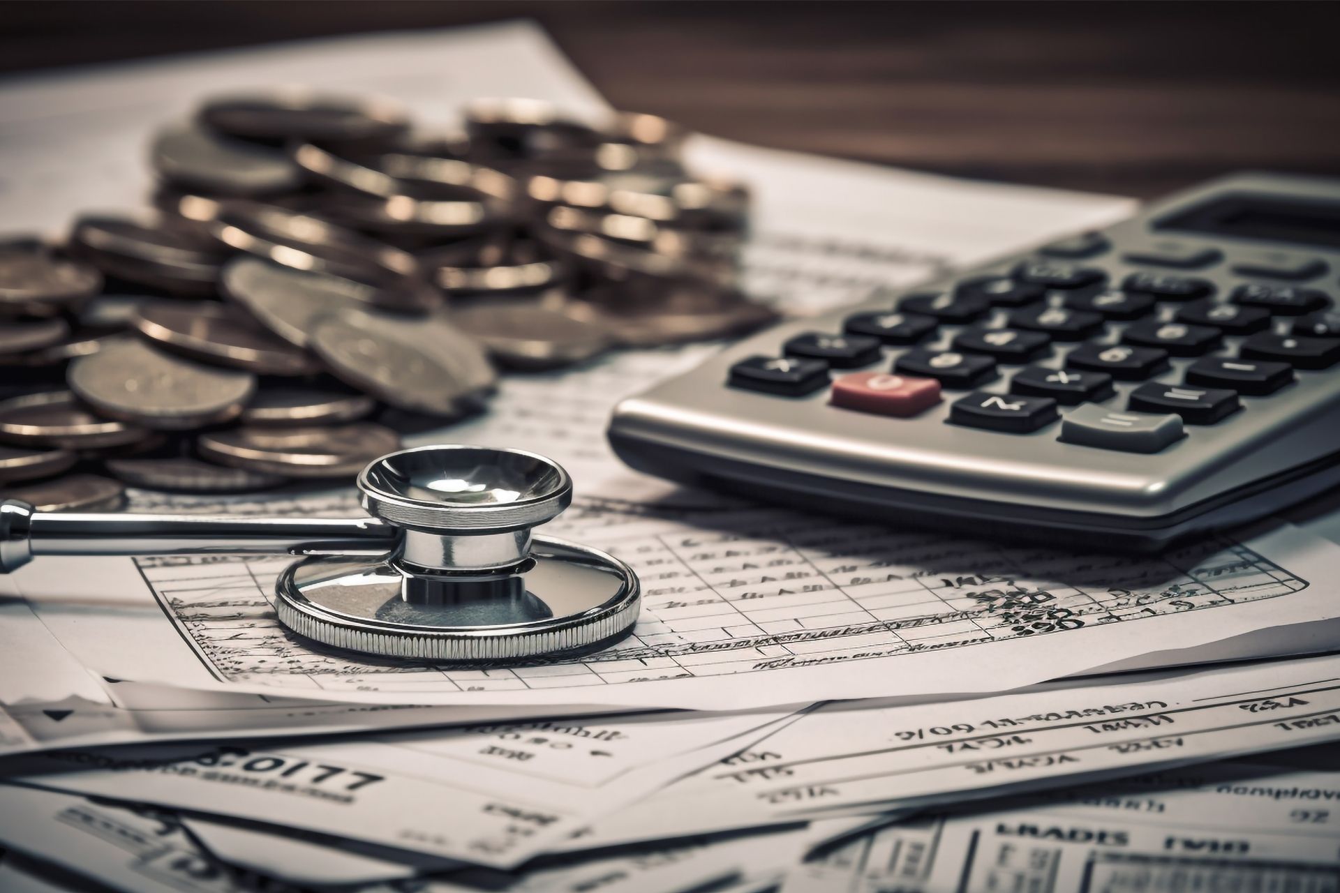 Coins, Calculator, Stethoscope and Forms