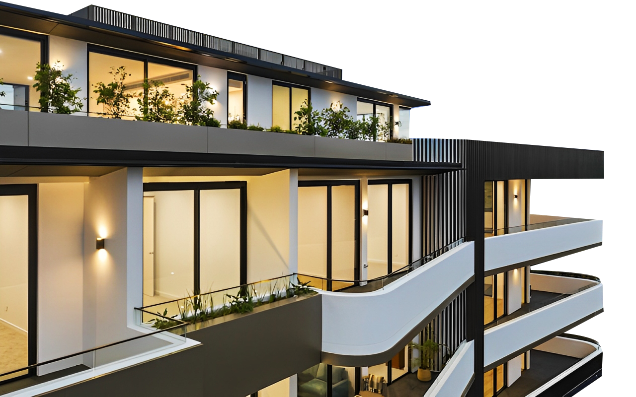 A large modern building with a lot of windows and balconies.