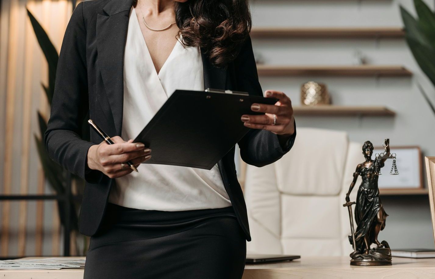 A person in a professional suit holds a clipboard in a law office with a Lady Justice statue on the desk.
