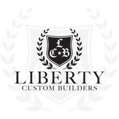 The logo for Liberty Custom Builders is a black and white logo with a shield and laurel wreath.