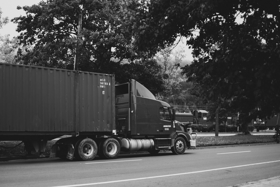 Semi-truck with container parked on the side of a road, trees in the background. Black and white.