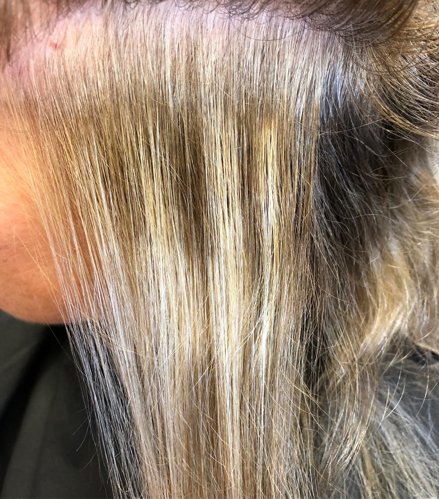 Close-up of hair strands showing highlights and lowlights of blonde and brown shades.