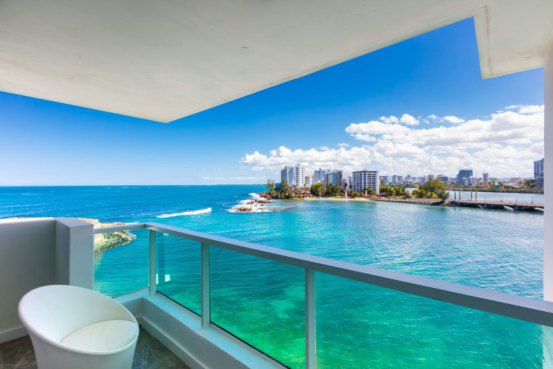 Ocean and lagoon panorama from Penthouse 308 at Paseo Caribe