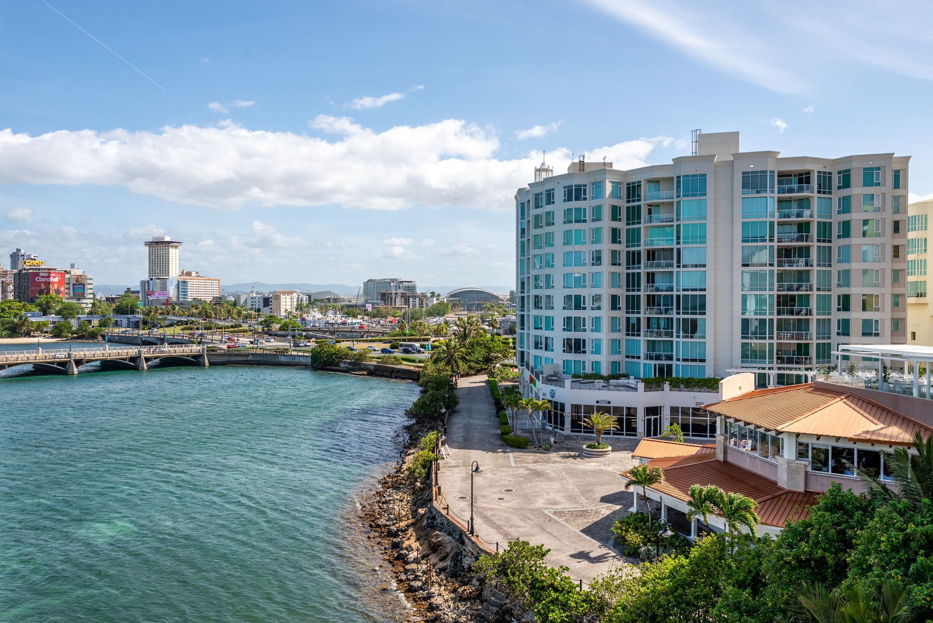 Waterfront villas along the Condado Lagoon and Dos Hermanos Bridge in San Juan, Puerto Rico