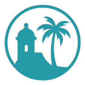 Teal circular logo with a palm tree and a tower silhouette on a white background