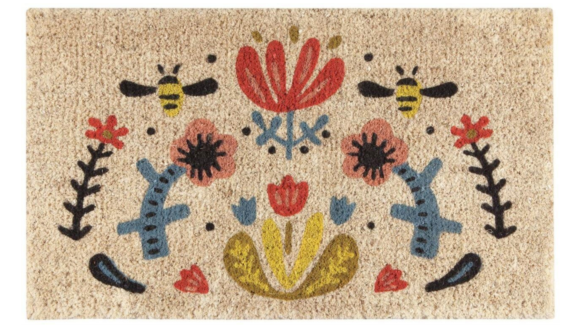 A door mat with flowers and bees on it.