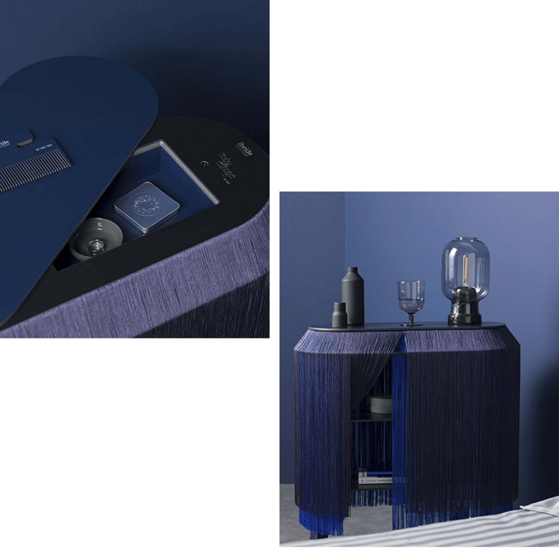 Two pictures of a blue table with fringe on it