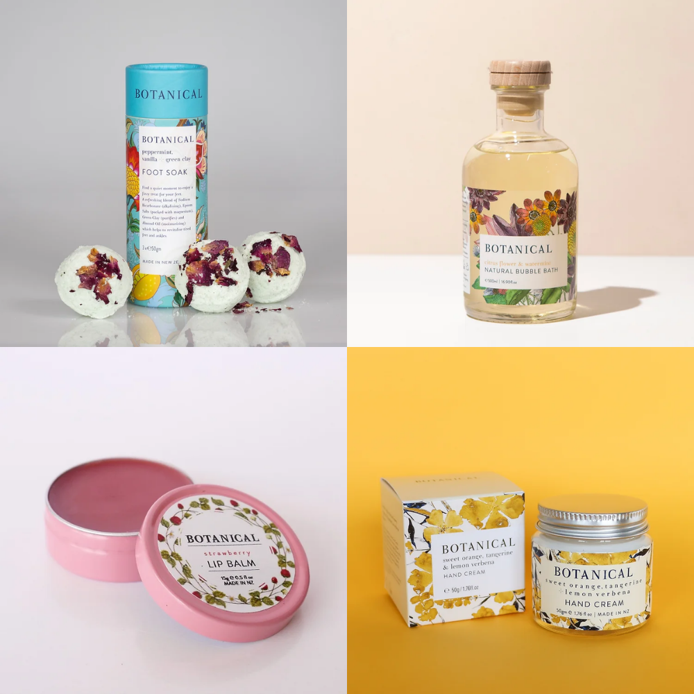A collage of four different types of botanical products