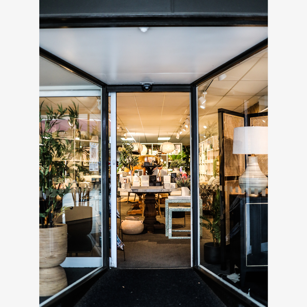 The inside of a store with lots of furniture and plants