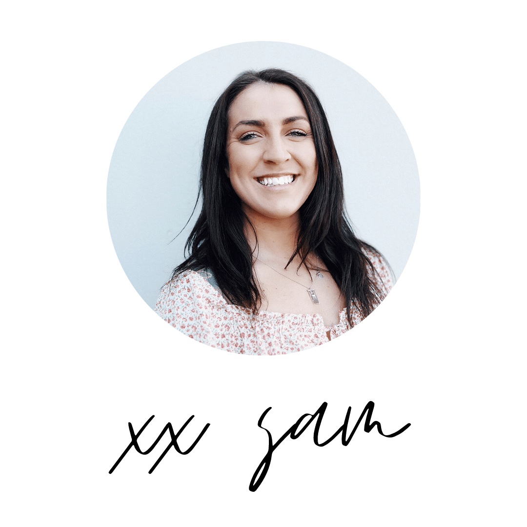 A woman is smiling in a circle with the name sam written below her.