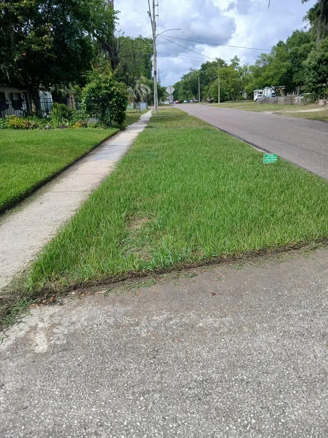 Grassy corner beside a sidewalk and road on a sunny suburban street.