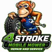Cartoon monkey mechanic holding a wrench beside a tire with &ldquo;4STROKE Mobile Mower Repair and Service&rdquo; text