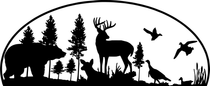 Gods Country Outfitters logo with black wildlife silhouette of bear, deer, birds, and trees in a forest scene