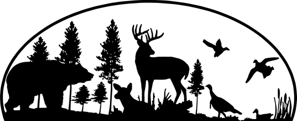 Gods Country Outfitters logo with black wildlife silhouette of bear, deer, birds, and trees in a forest scene