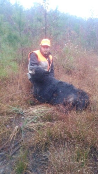 Person kneeling beside a large black animal in tall grass, outdoors in a misty field