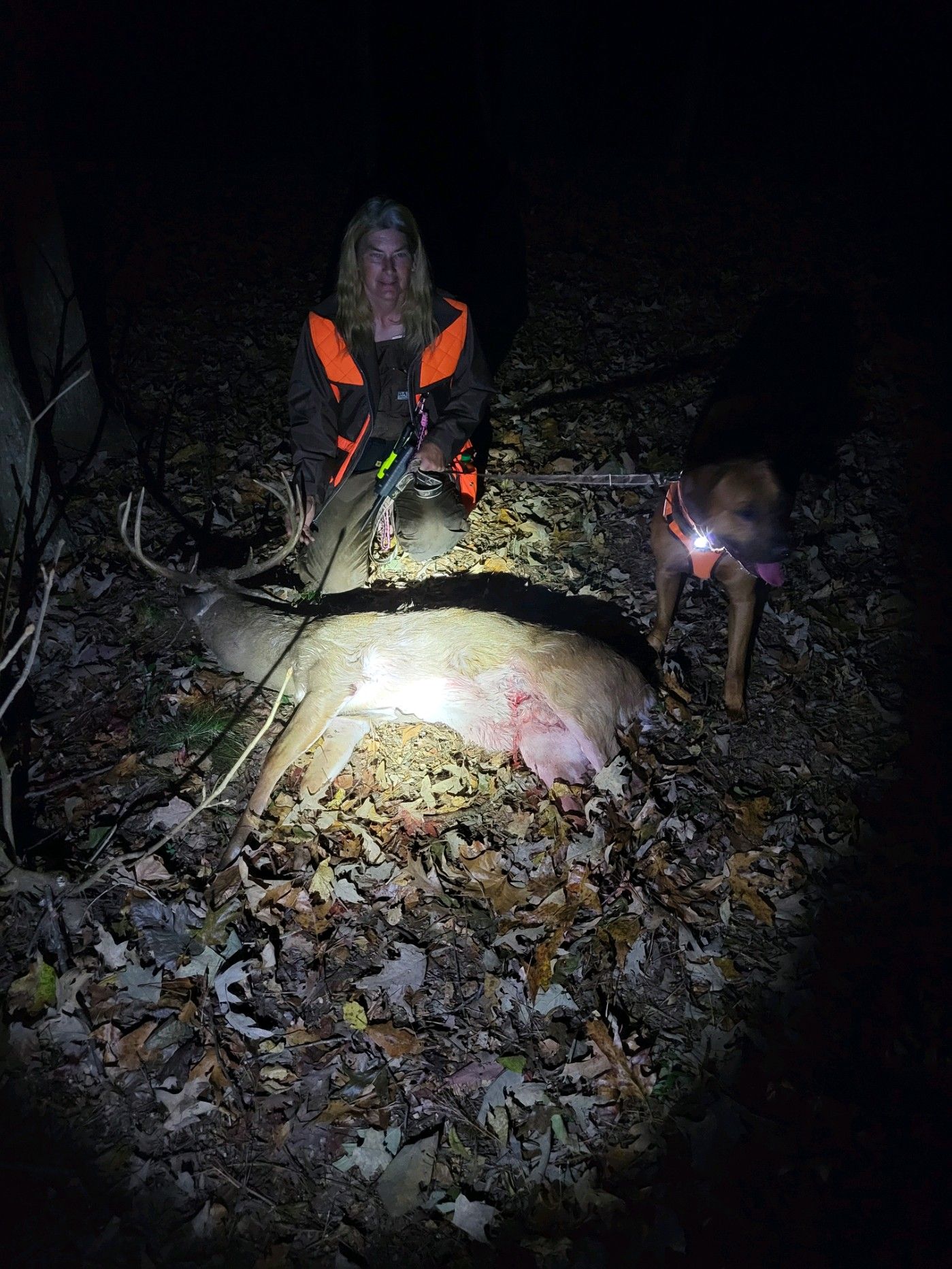Hunter kneels beside a deer in the dark woods, illuminated by a flashlight and headlamp.