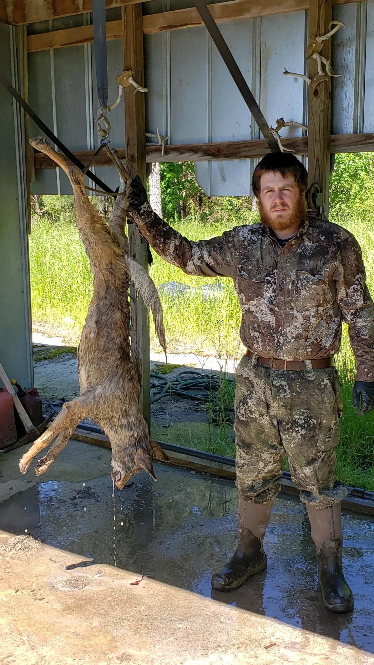 A person in camouflage holds a large hanging predator under a shelter by the water.