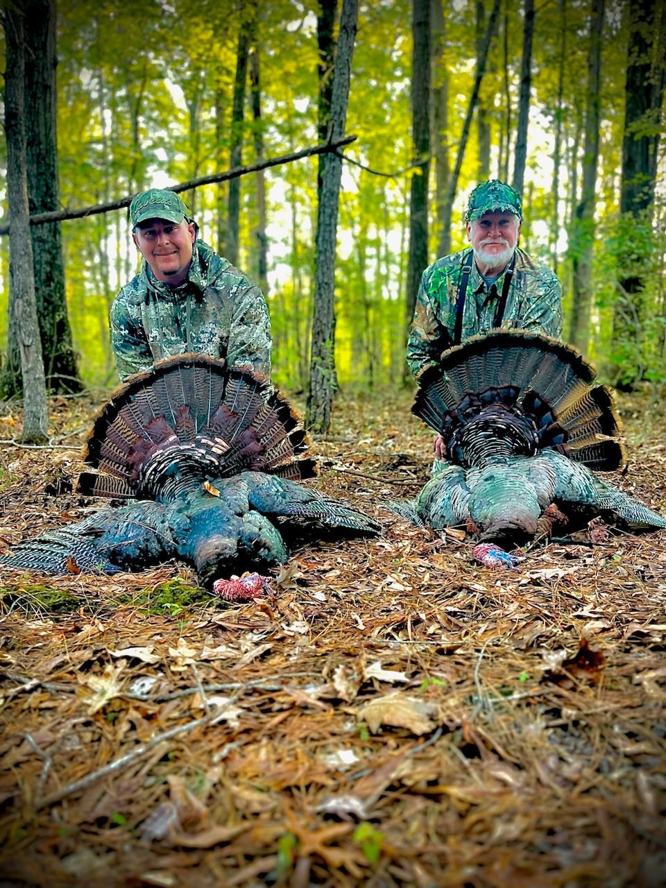 Two hunters posing with two turkeys in a wooded forest clearing, one bird fanned out.