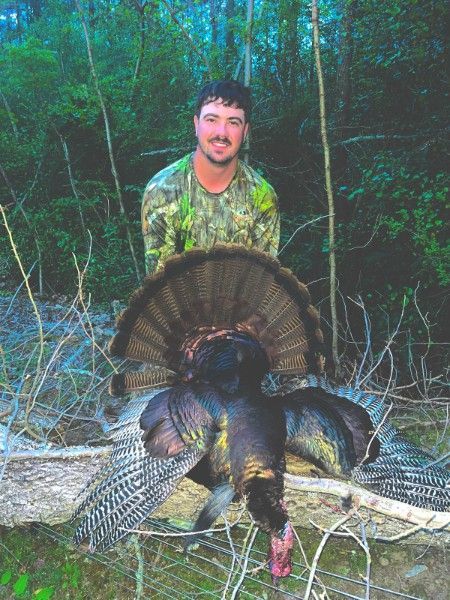 Hunter kneeling behind a large wild turkey in a wooded area, holding it by the tail fan