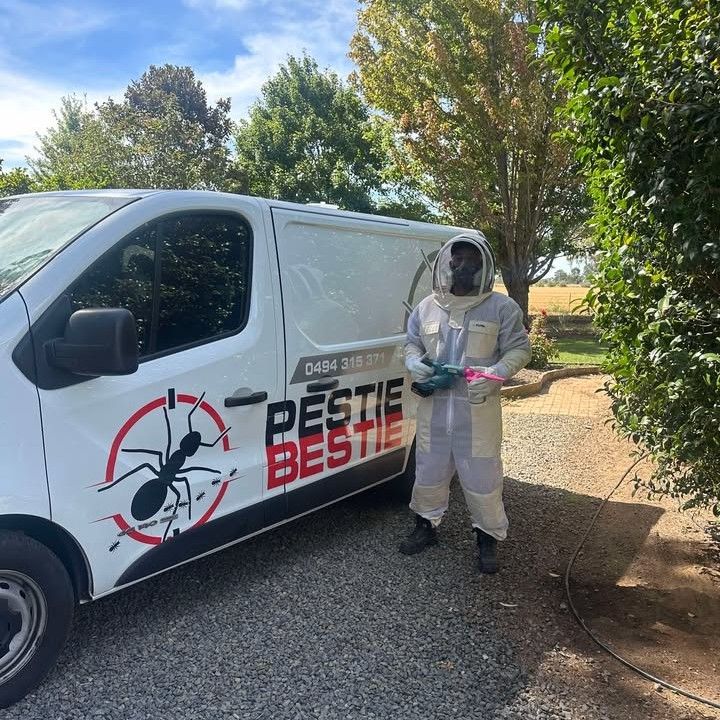 Pest Control Worker in Protective Suit Standing Next to A Van — Pestie Bestie Pest Control In Shepparton, VIC