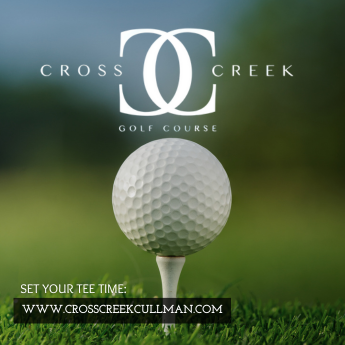 Golf ball on tee in front of the Cross Creek Golf Course logo and website address against a blurred green background.