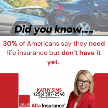 Car accident graphic with text: 30% of Americans need life insurance but don't have it. Contact Kathy Sims.