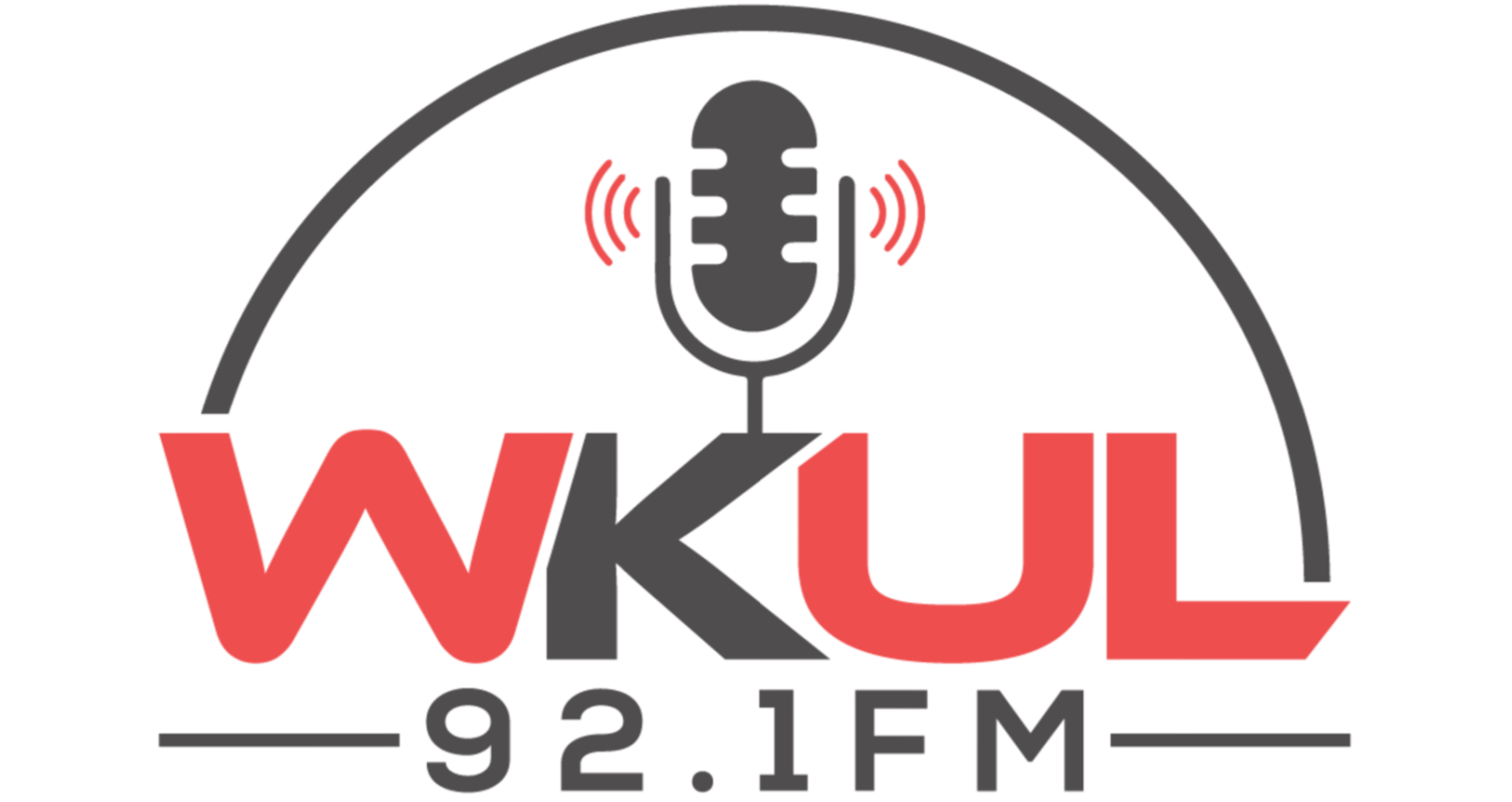 Logo for WKUL 92.1 FM radio station with a microphone inside an arch. The text