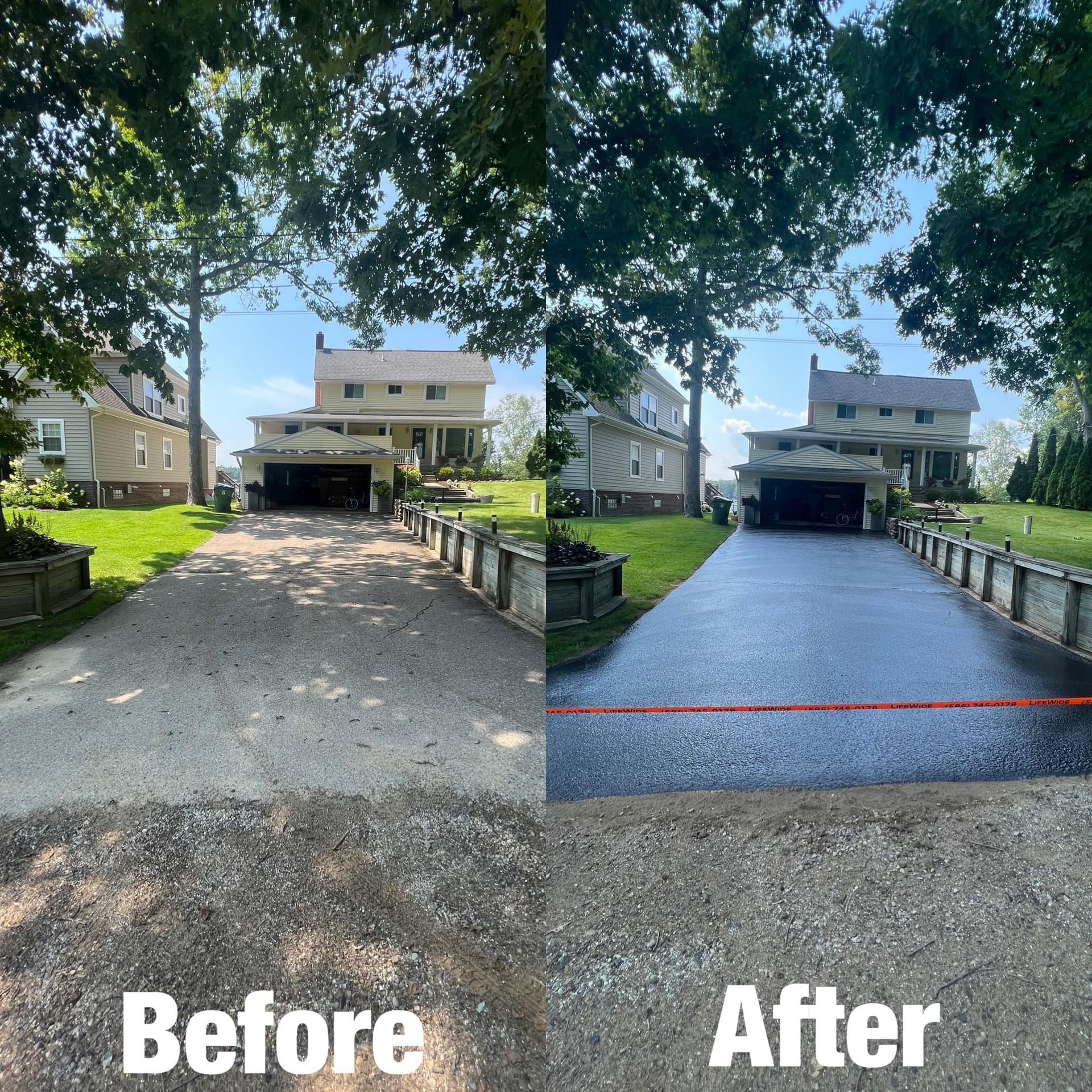 Comparison of a driveway before and after sealing: Before shows worn asphalt, after shows black, sealed surface.